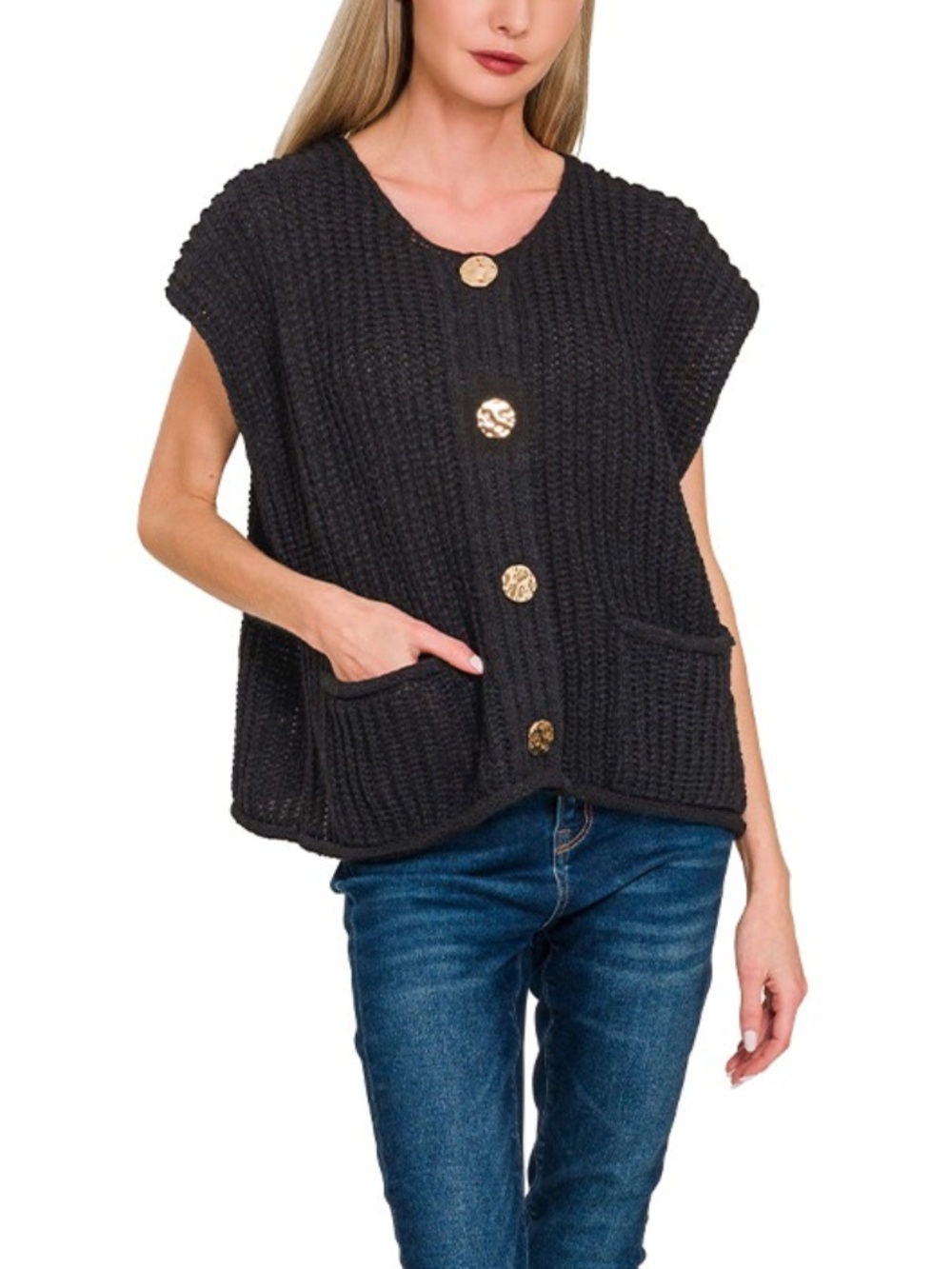 Cozy Black Ribbed Button Detail Sweater Vest - Picture 3 of 4